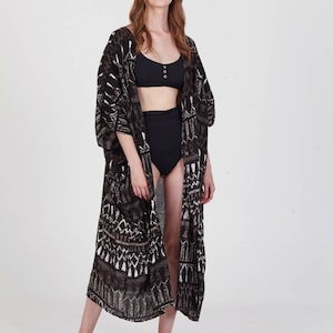 Boho Loose Shirt Jurk, Oversized Beach Dress, Zomer Kimono Caftan, 'Fringes Black'