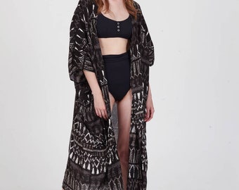 Boho Loose Shirt Dress, Oversized Beach Dress, Summer Kimono Caftan , 'Fringes Black'