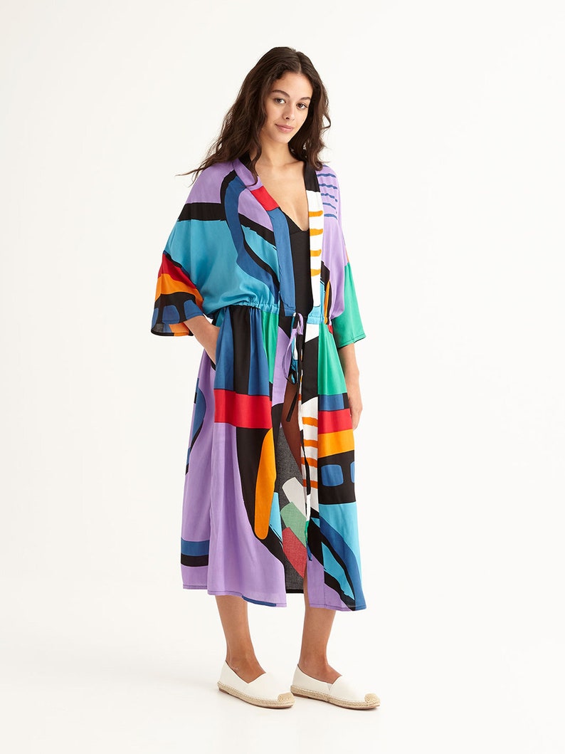 Drop Shoulder Midi Beach Robe Coverup Resortwear with Side Pockets, 'KIDULTHOOD' image 7