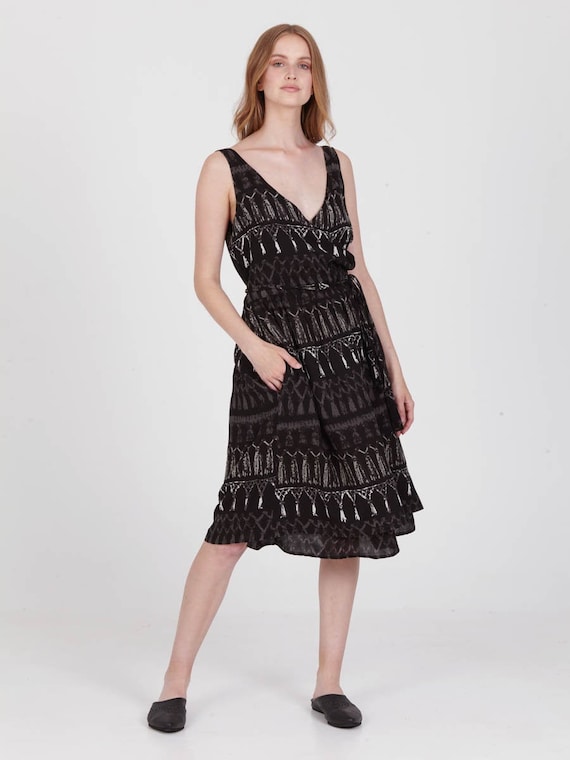 Fringed Black Beach Wrap Dress, Summer Midi With Pockets - Etsy Israel