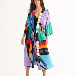 Drop Shoulder Midi Beach Robe Coverup Resortwear with Side Pockets, 'KIDULTHOOD' image 5