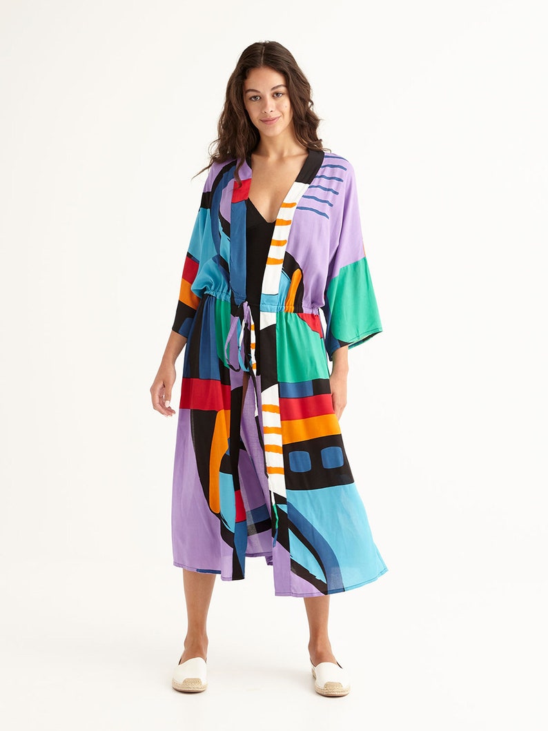 Drop Shoulder Midi Beach Robe Coverup Resortwear with Side Pockets, 'KIDULTHOOD' image 5