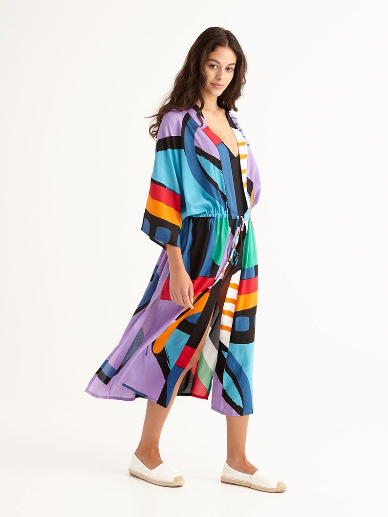 Drop Shoulder Midi Beach Robe Coverup Resortwear with Side Pockets, 'KIDULTHOOD' image 1