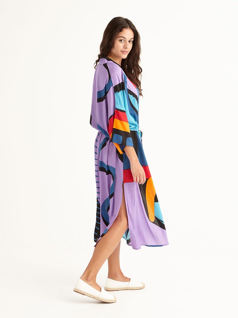 Drop Shoulder Midi Beach Robe Coverup Resortwear with Side Pockets, 'KIDULTHOOD' image 4