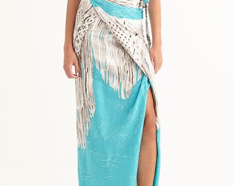 Midi Wrap Pareo Sarong Rok Vlinderdas voorkant met ronde zoom, Strandwikkelrok, Strandbedekking 'MACRAME TURQUOISE'