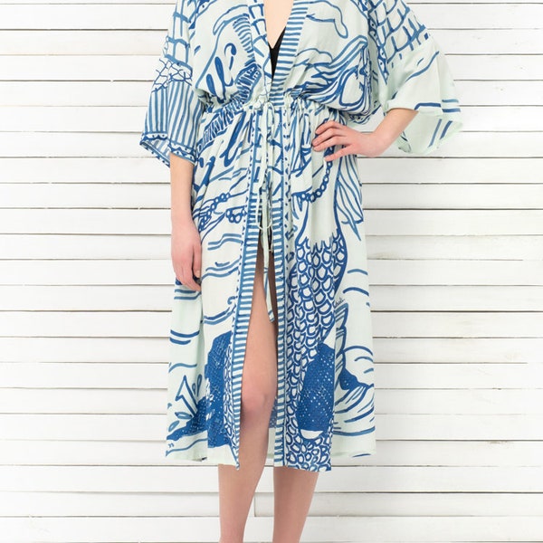 Maxi Beach Robe CoverUp Kimono Wrap 'Hello Sailor'