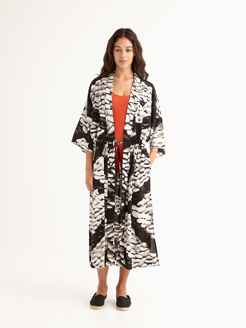 Drop Shoulder Midi Beach Robe Coverup Resortwear with Side Pockets, 'PEBBLES' image 1