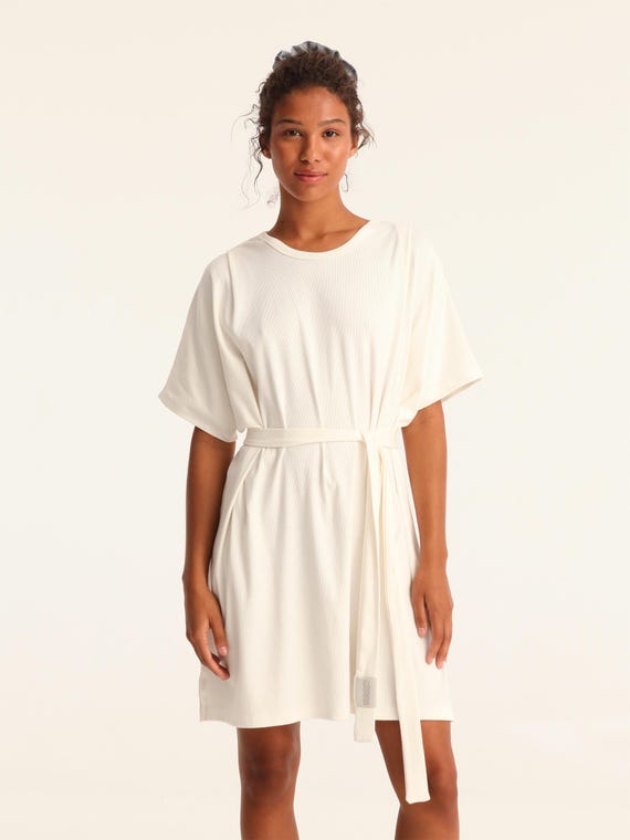 Ecru Ribbed Cotton Mini Dress: Relaxed Fit with Belt Ecru Ribbed Cotton Mini Dress: Relaxed Fit with Belt