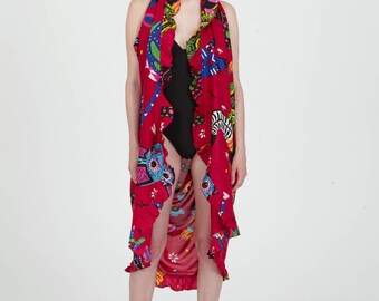 Frilled D-Shaped Pareo, Beach Pareo Sarong Coverup, 'Alebrijes'