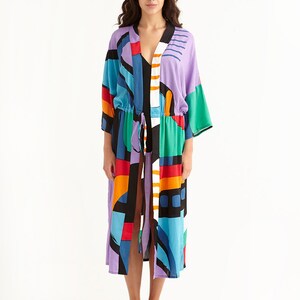 Drop Shoulder Midi Beach Robe Coverup Resortwear with Side Pockets, 'KIDULTHOOD' image 2