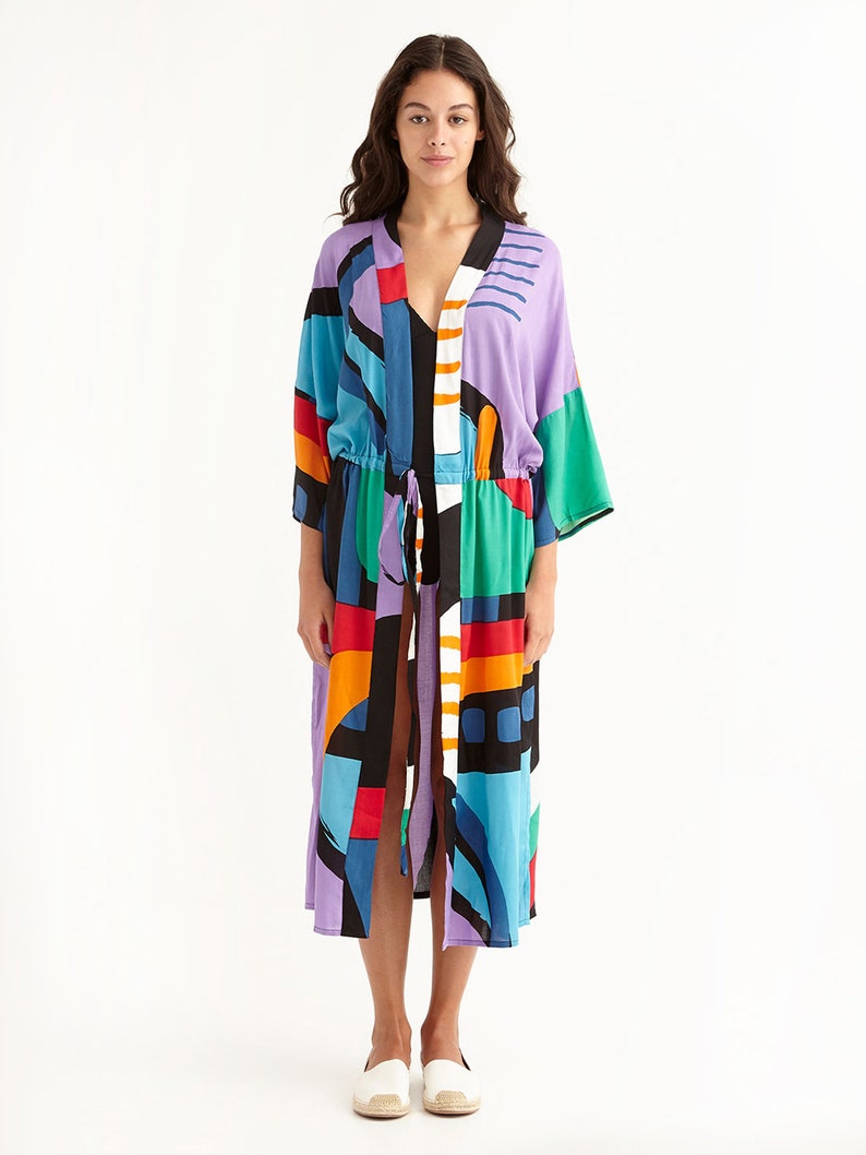 Drop Shoulder Midi Beach Robe Coverup Resortwear with Side Pockets, 'KIDULTHOOD' image 2