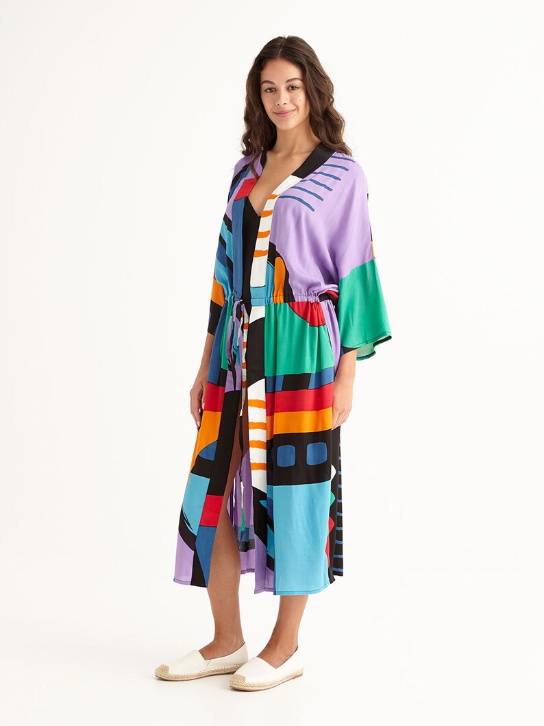 Drop Shoulder Midi Beach Robe Coverup Resortwear with Side Pockets, 'KIDULTHOOD' image 6