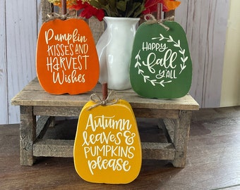 Fall Themed Pumpkin Decor, Hello Fall Y’all, Pumpkin Kisses, Autumn Leaves, Shelf Sitter, Fall Decor, Tiered Tray Decor