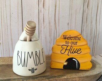 Wood Bee Hive, Welcome To Our Hive, Bee Decor, Bee Tiered Tray, Summer Decor, Garden Decor