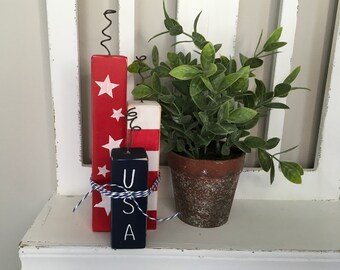 Red, White & Blue Firecracker, 4th of July, Painted Patriotic Blocks,