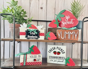 Strawberry Tiered Tray Decor, Strawberry Crate, Fresh Picked Strawberries Sign, Wood Strawberry Decor, Strawberry Bundle