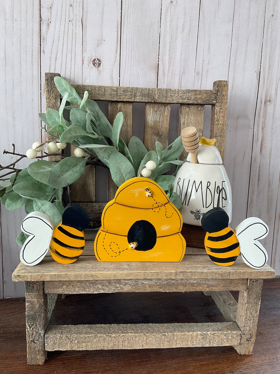 Wood Bee Hive With Bees, Bee Decor, Bee Tiered Tray, Spring Tiered Tray