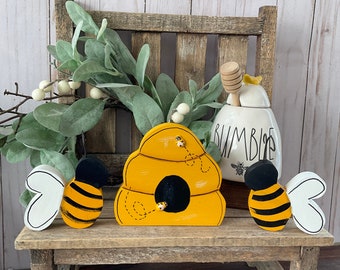 Wood Bee Hive Decor with Bees, Spring Tiered Tray