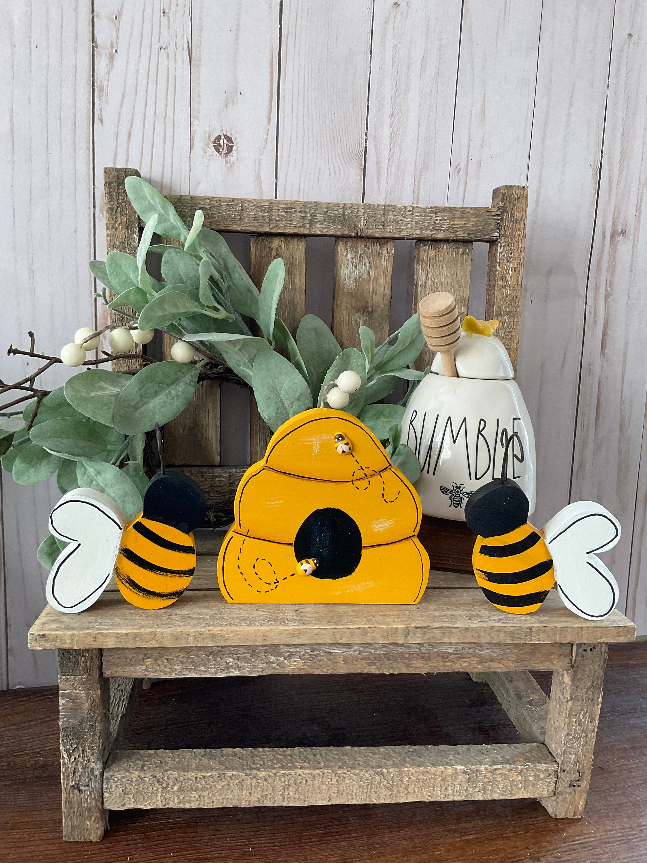 Wood Bee Hive With Bees, Bee Decor, Bee Tiered Tray, Spring Tiered Tray,  Wood Bees, Garden Decor 