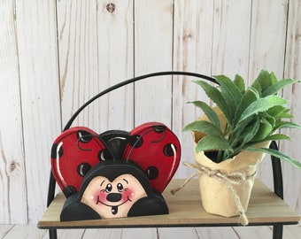 Hand Cut Wood Ladybug Shelf Sitter, Tiered Tray Decor