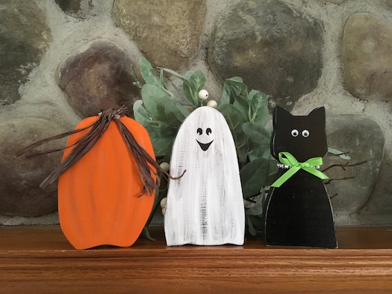 Halloween Trio, Ghost, Cat, Pumpkin, Set of 3, Halloween Decor, Fall Decor, Wood Decor, Halloween Shelf Sitter