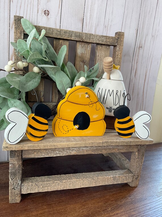 Wood Bee Hive With Bees, Bee Decor, Bee Tiered Tray, Spring Tiered Tray,  Wood Bees, Garden Decor 