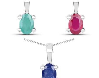 1.48 Carat Emerald, Glass Filled Ruby and Glass Filled Sapphire .925 Sterling Silver Pendant