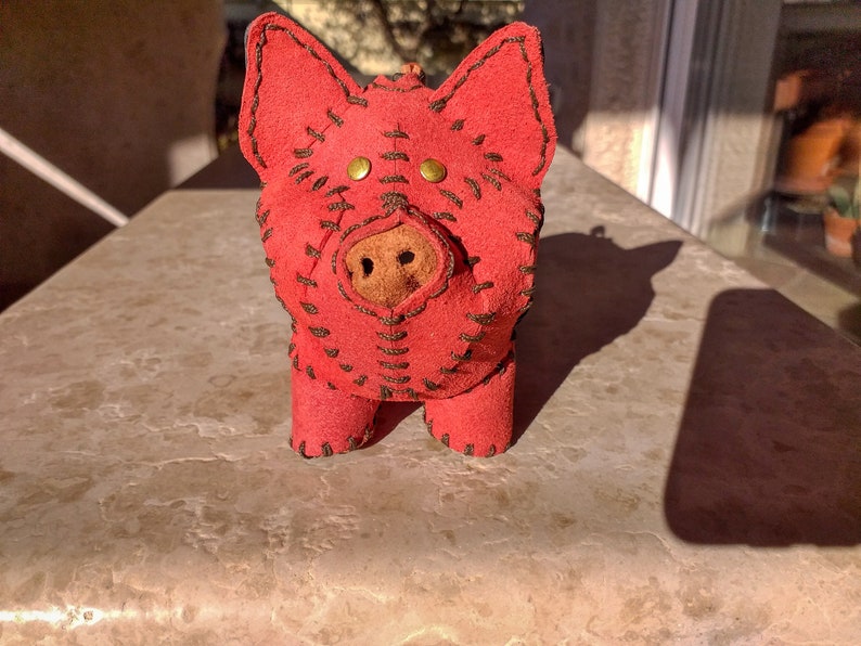 1 handgenähtes Leder Schwein mit Reißverschluss Valentinstags Geschenk Bild 3