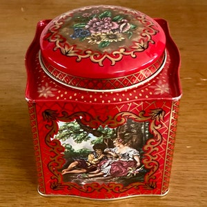 Vintage Daher Red Outdoor Romanticism Tea Tin - Outdoor Romantics Motif - English Tea Biscuit Container