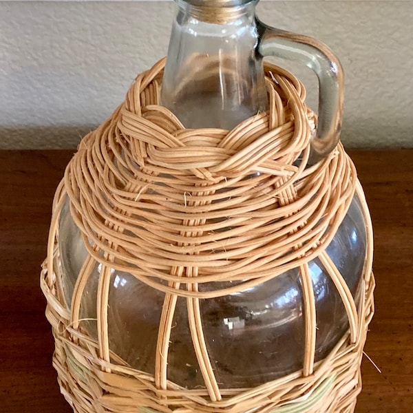 Vintage Almaden Jug - Clear Glass - Wrapped in Wicker