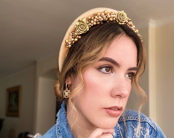 Gold roses padded beaded Cafune headpiece- classic headband, hair accessories, hairpiece, elegant