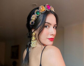 FAIZA I Multicolor Rhinestone Padded Cafuné Headpiece- Classic headband, Hair accessories, hairpiece, Headwear, Baroque, Rhinestone Headband