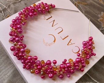 Hot pink & orange classic Cafuné headpiece - pearls, headband, hair accessory, crown, wedding, christmas gift accessory