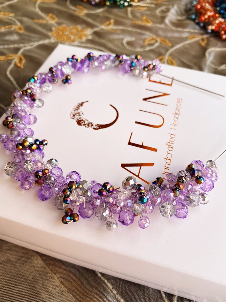 Purple & silver classic Cafuné headpiece murano beads, headband, hair accessory, crown,wedding,race fashion, luxury handmade image 1