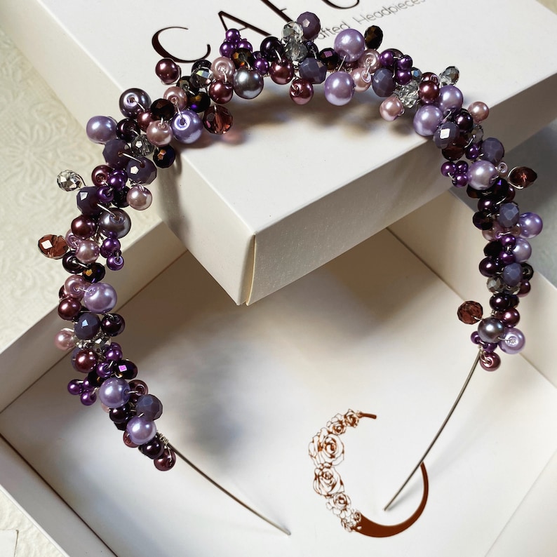 hair accessory gift pearls jewelry headband hand made Purple tones with hints of silver pearl rhinestone Cafun\u00e9 headpiece crown