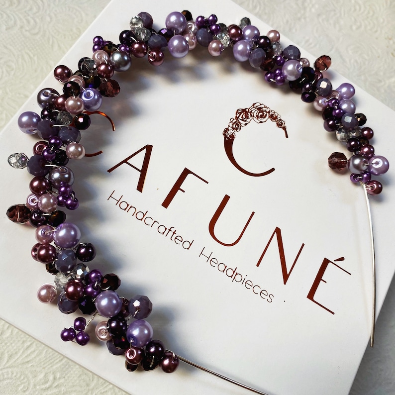 hair accessory gift pearls jewelry headband hand made Purple tones with hints of silver pearl rhinestone Cafun\u00e9 headpiece crown