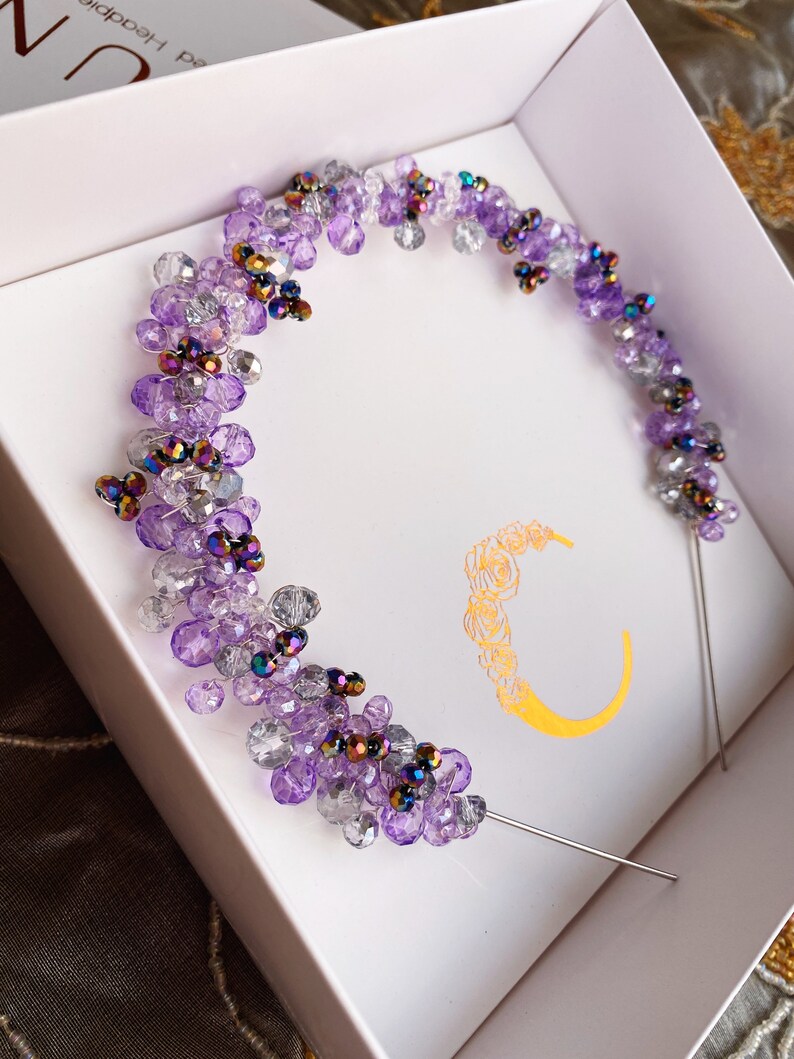 Purple & silver classic Cafuné headpiece murano beads, headband, hair accessory, crown,wedding,race fashion, luxury handmade image 2