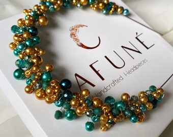 Green and of gold rhinestone Cafuné headpiece - pearls, headband, hair accessory, crown,wedding