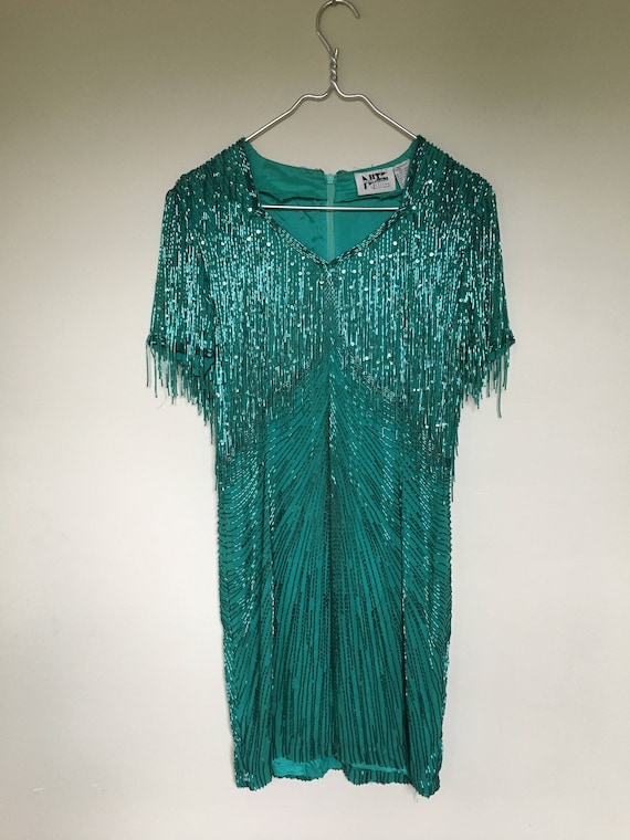 1980s Lime Nite fully beaded dress / fringe dress