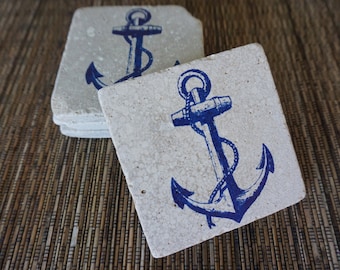 Tumbled Marble Anchor Coaster - Set of 4