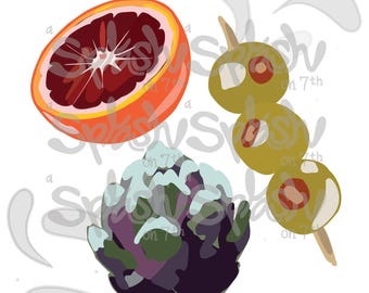 May include: A colorful illustration featuring a halved blood orange, a skewer of three green olives, and a purple artichoke. The blood orange has a vibrant red interior. The olives have red centers. The artichoke is a mix of purple and green.