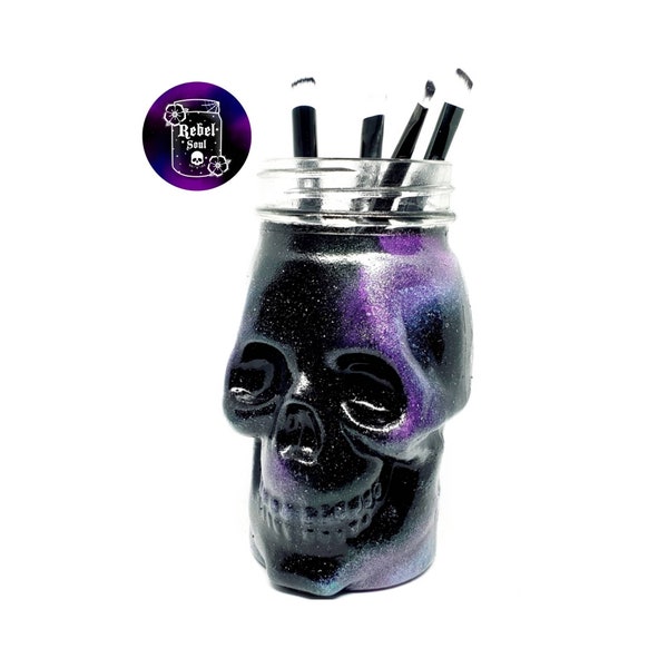 Galaxy skull make up brush holder, paintbrush holder, skull storage, space themed storage, glass storage jar, nebula