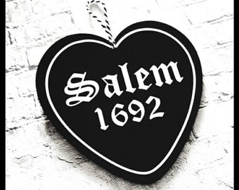 Salem 1692, black acrylic heart, goth decor, spooky decor, plaque, halloween, witch