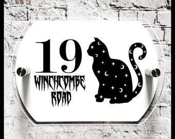 Black cat and stars address plaque sign, creepy text design, gothic home, goth decor, spooky, gothic, goth decor