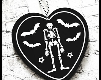 Skeleton heart with bats, heart shaped plaque, spooky, goth, emo, Halloween