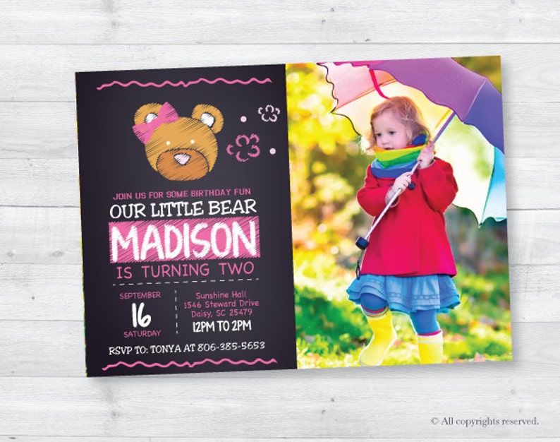Bear Birthday Invitation with picture Pink Girl Girly Build-a-Bear Chalkboard Teddy Bear Invite