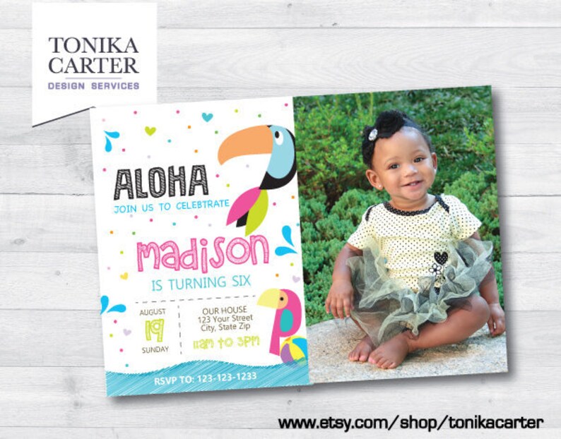 Tropical Bird Pool Birthday Invitation with picture Girly Girly Wild Jungle Splash Pool Theme Summer Beach Invite