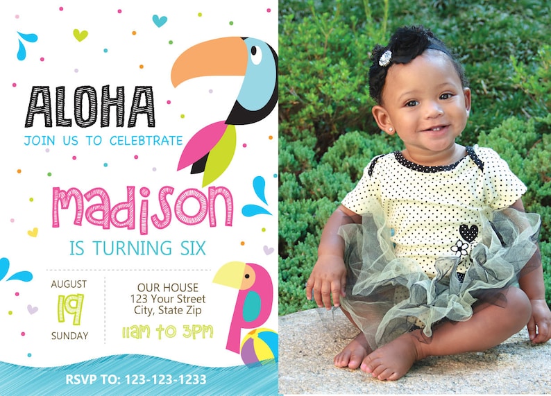 Tropical Bird Pool Birthday Invitation with picture Girly Girly Wild Jungle Splash Pool Theme Summer Beach Invite