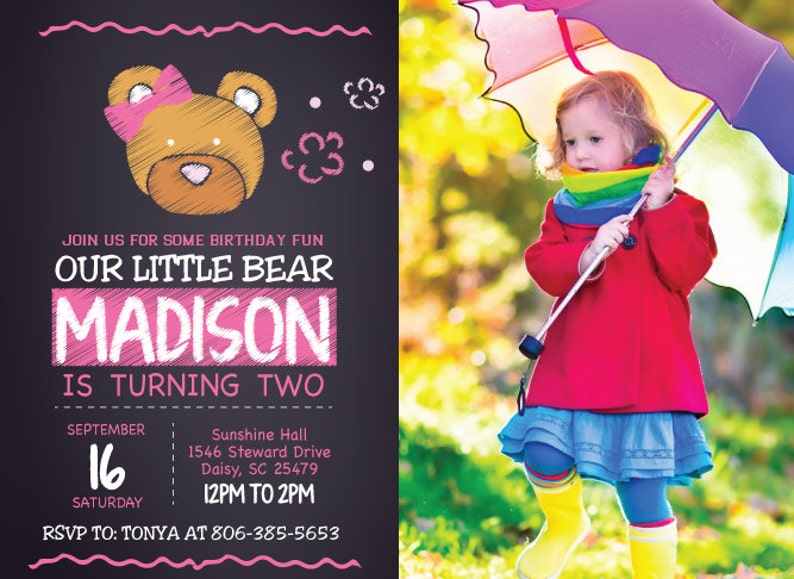 Bear Birthday Invitation with picture Pink Girl Girly Build-a-Bear Chalkboard Teddy Bear Invite