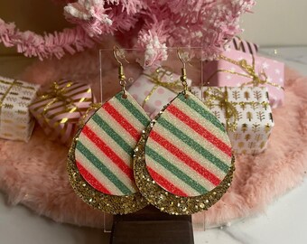 Gold Peppermint Stripe Faux Leather Earrings
